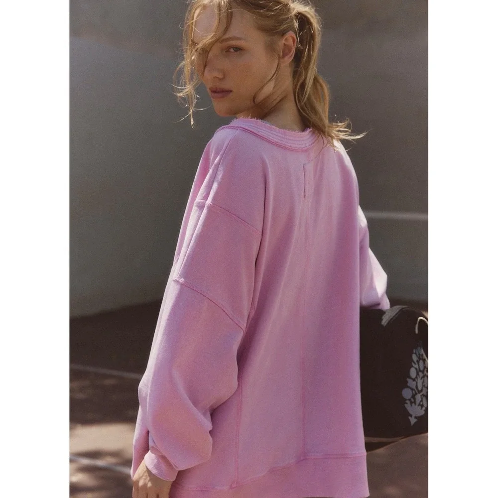 Free‎ People Pink Summer Lovin Flow + Groove Pullover V Neck Sweatshirt Med NWT - Picture 3 of 4